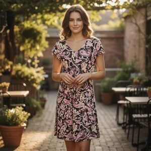 INC International Concepts Woman XL Dress Brown Pink Paisley Ruffle Sleeve Boho